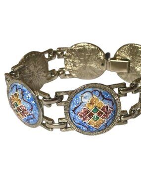 Medallion Bracelet Colorful 3D Cabochons Silver Tone Fashion Blue